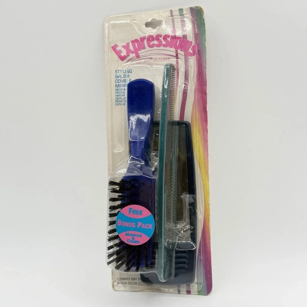 Vintage NOS  Hair Brush Comb Mirror Nylon Bristles NIB Purse Size Almar Blue